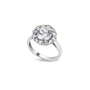 Angled view of moissanite halo ring with a brilliant round-cut centre stone in a classic solitaire setting