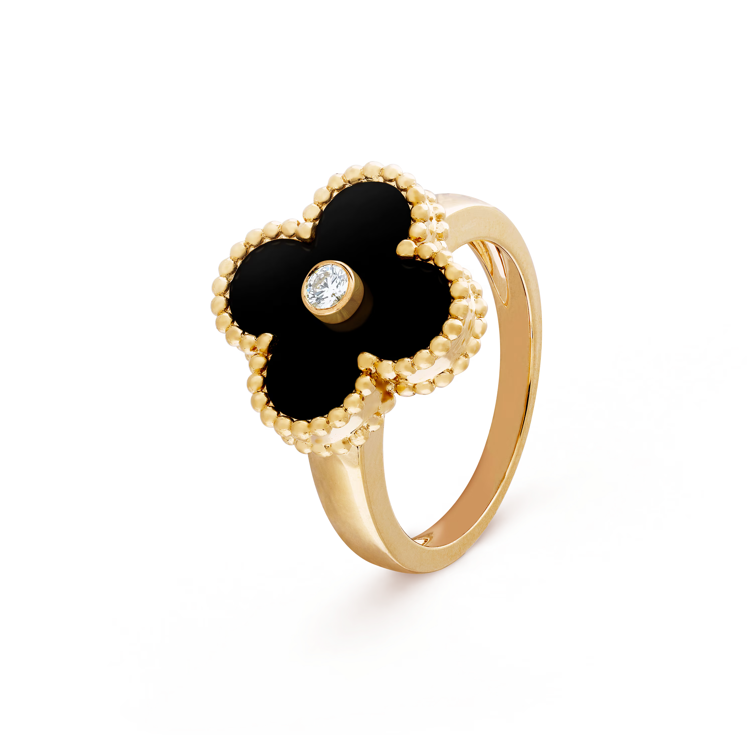 Gold ring with black flower design and diamond on a transparent background
