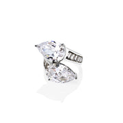 Top-down view of Carmalita ring showing twin pear stones and baguette inlay along the band