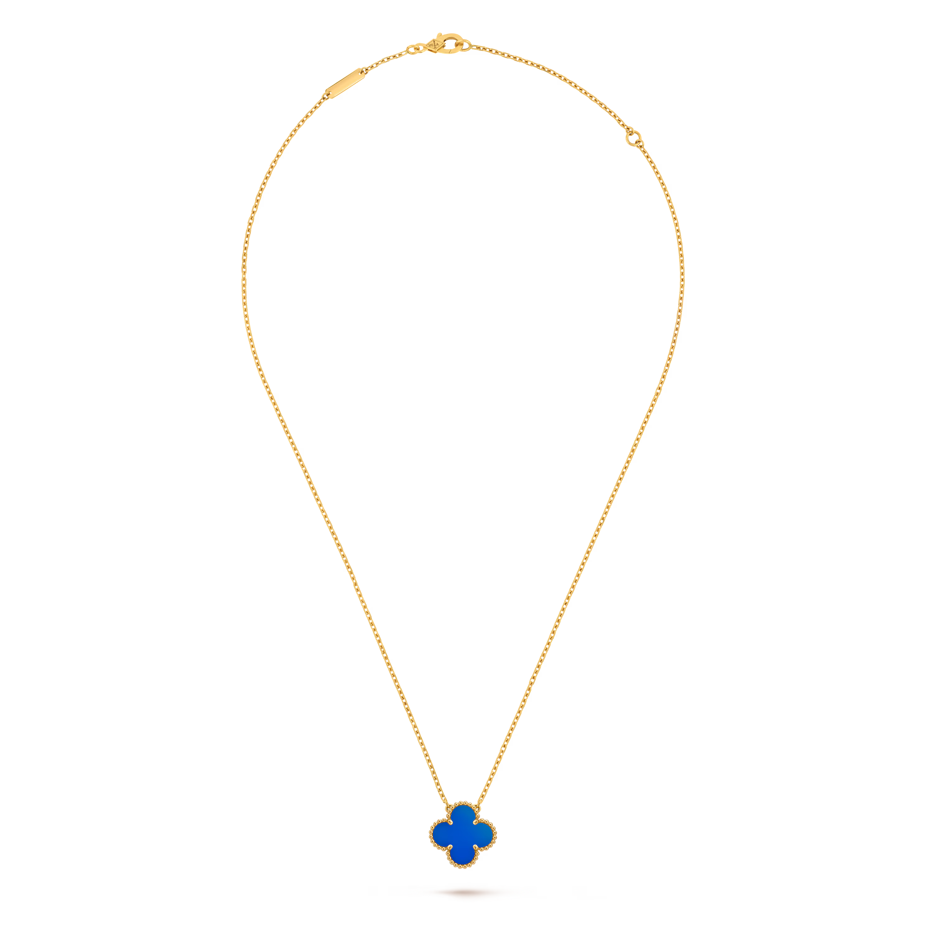 Gold necklace with a blue pendant on a white background