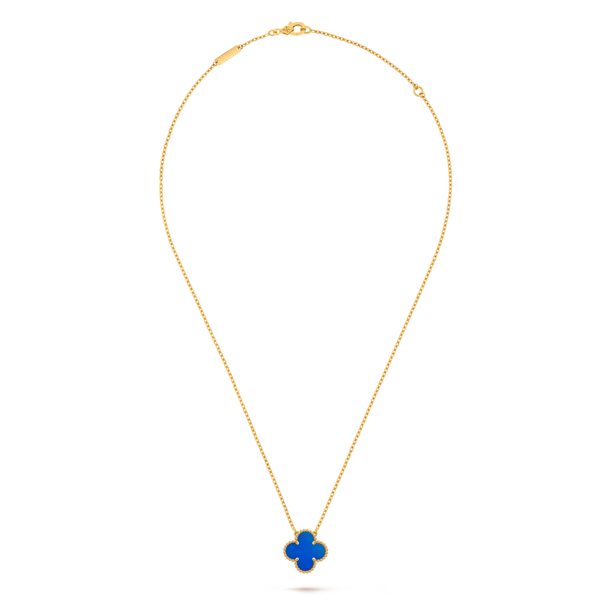 Gold necklace with a blue pendant on a white background