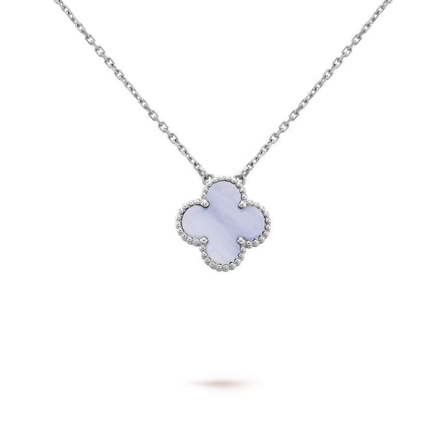Necklace with a clover-shaped pendant on a clear background