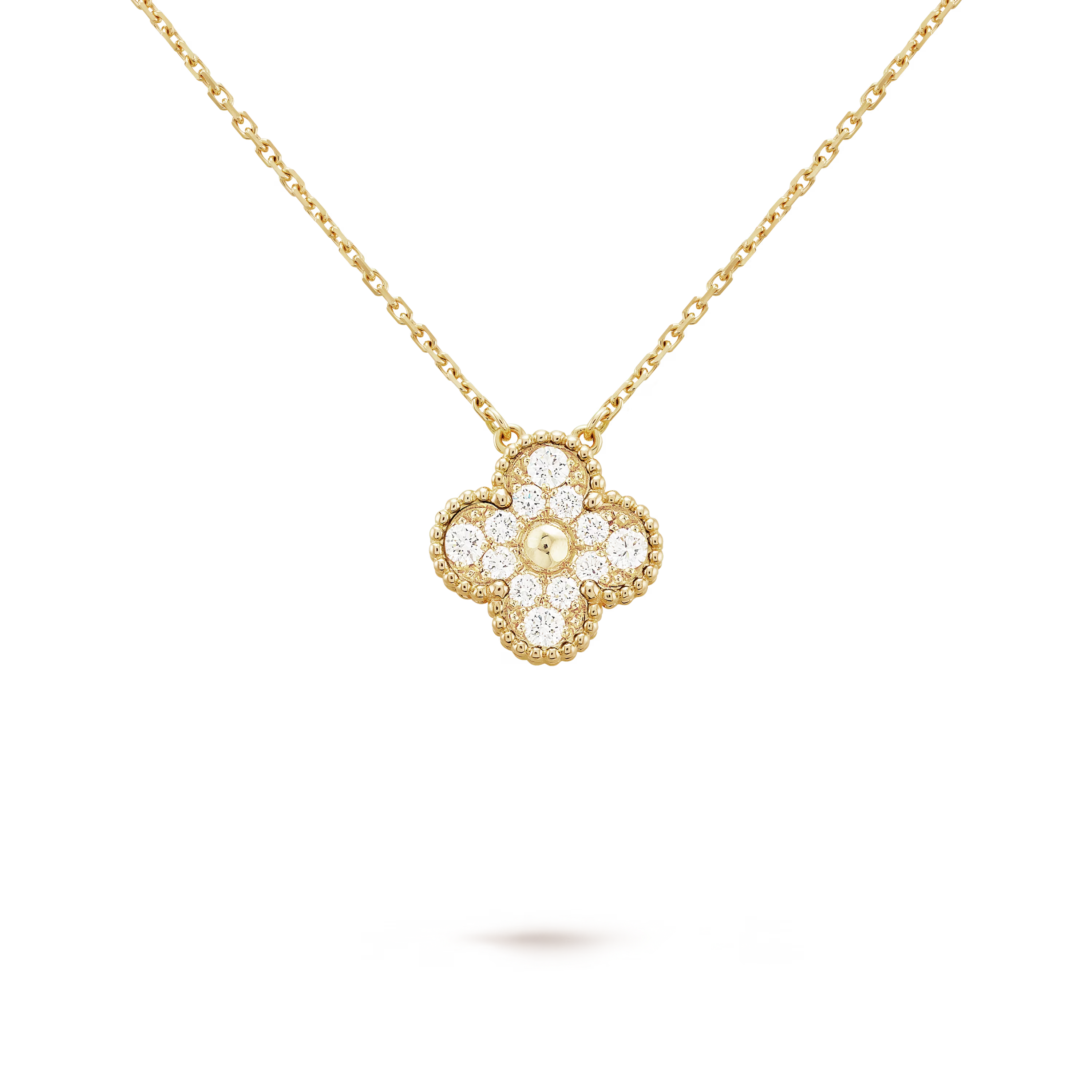 Gold necklace with a diamond pendant on a black background