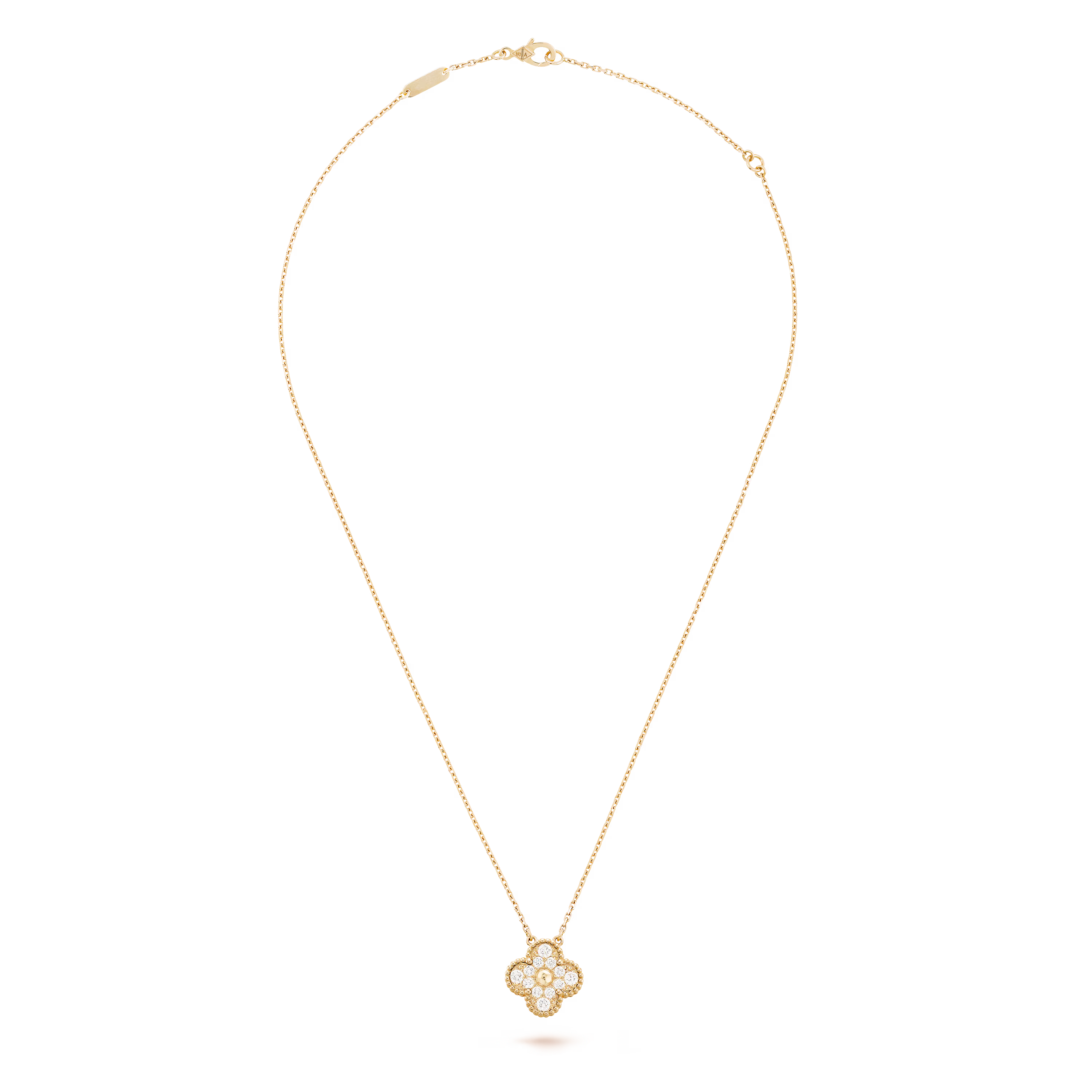 Gold necklace with a pendant on a black background
