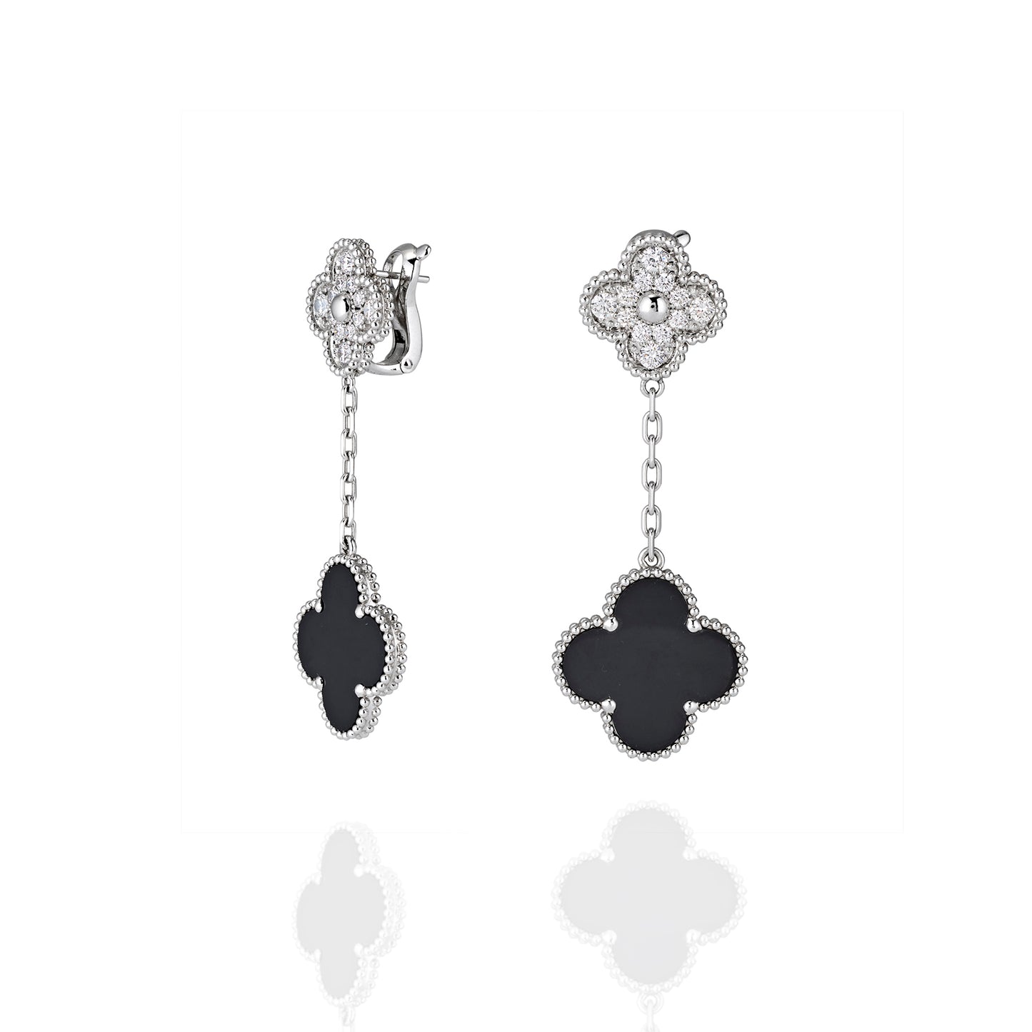 Angled side view of Clover Drop Earrings showing linked chain and beaded trim detail