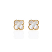 Front view of clover-shaped stud earrings featuring gold beaded edges and lustrous Mother of Pearl inlay