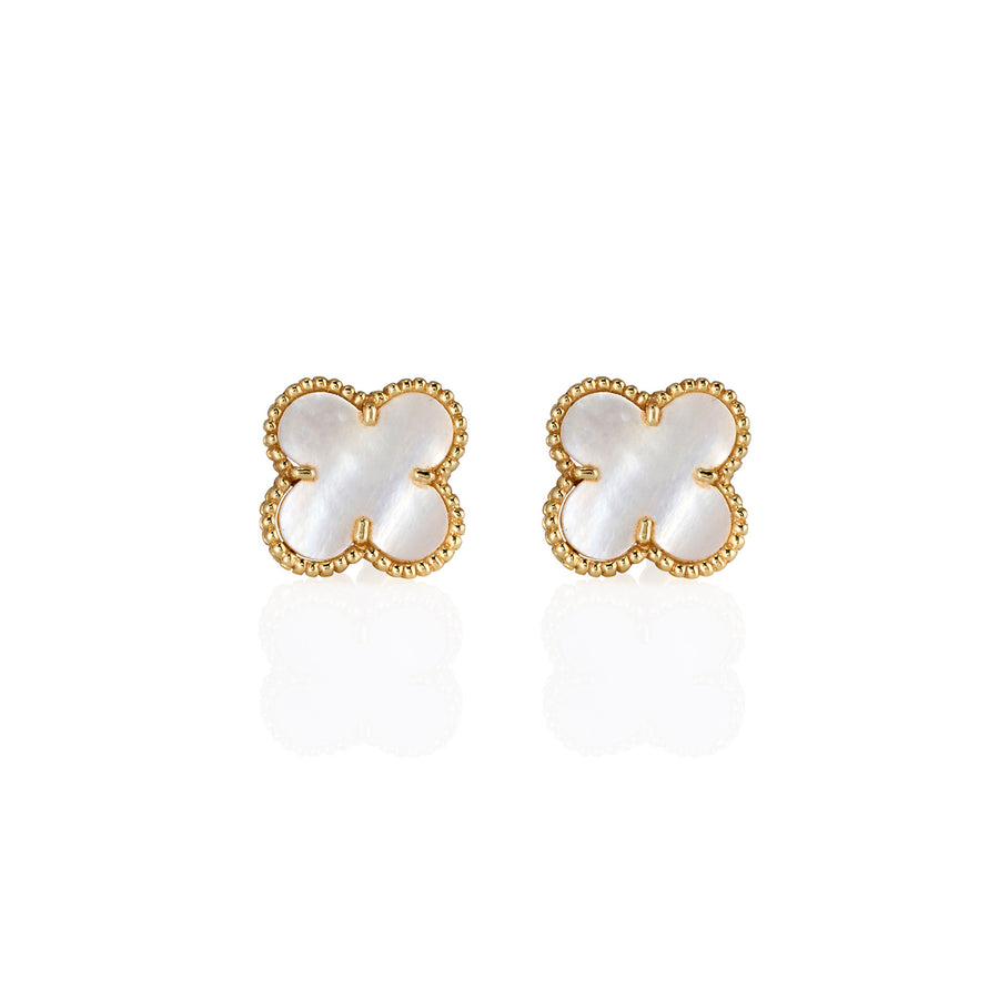 Front view of clover-shaped stud earrings featuring gold beaded edges and lustrous Mother of Pearl inlay
