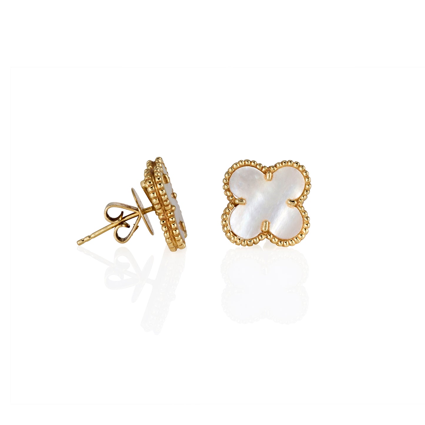 Side angle view of gold clover earrings with Mother of Pearl inlay and beaded trim