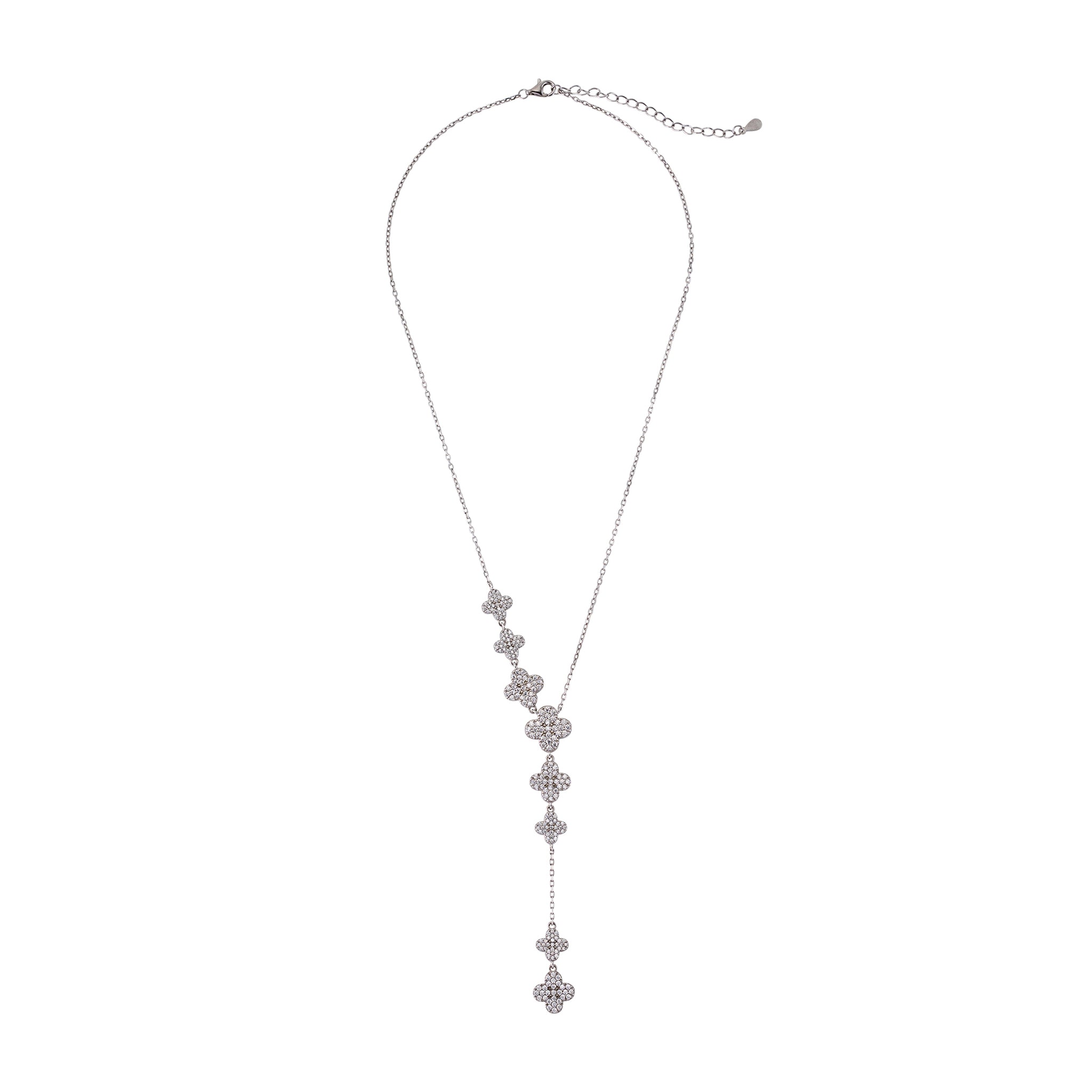 Full view of silver Clover Drop Y-necklace with moissanite-studded clover charms