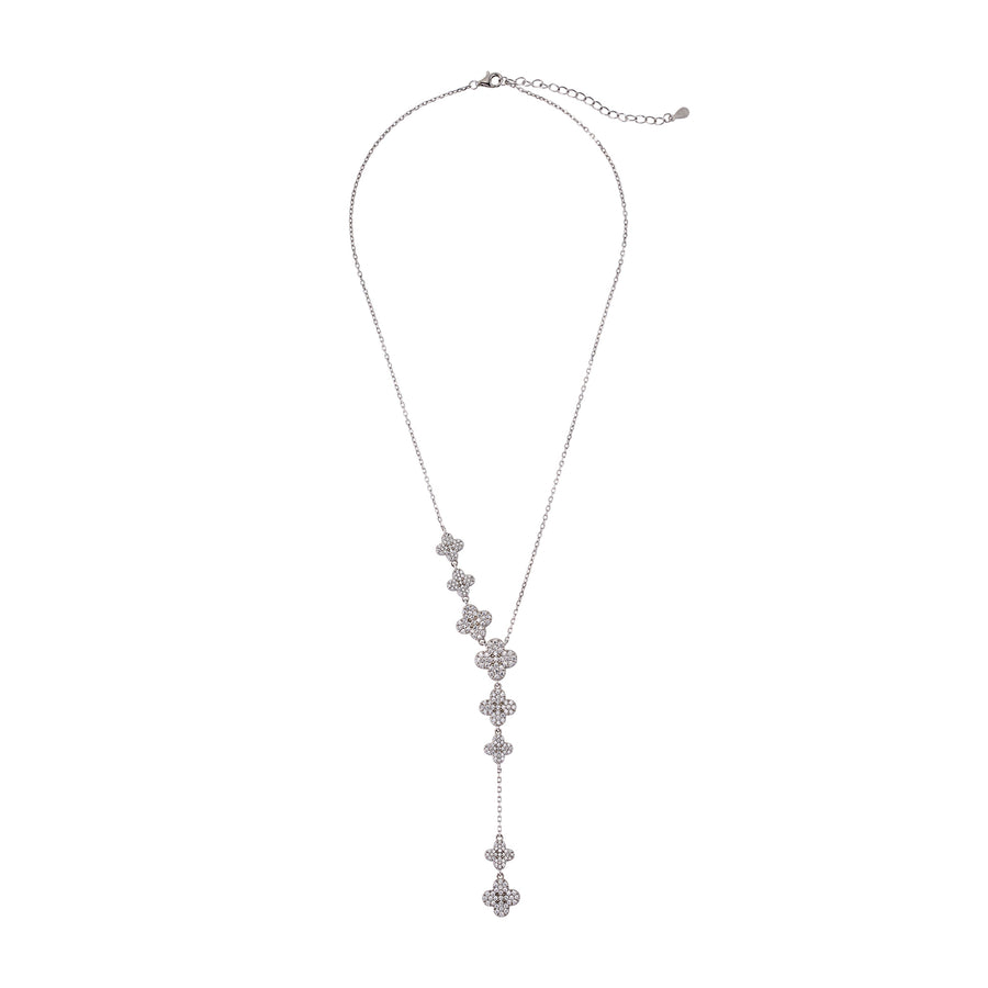 Full view of silver Clover Drop Y-necklace with moissanite-studded clover charms