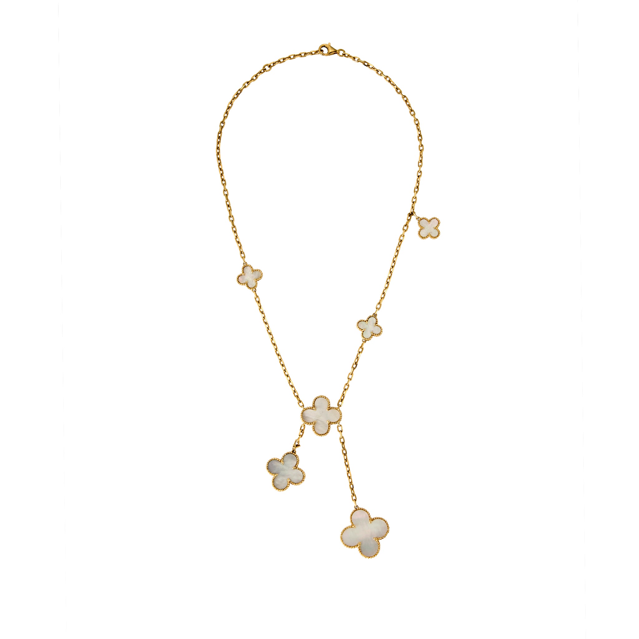 Full view of gold Clover Drop necklace with mother of pearl inlay clovers