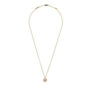 Full view of gold necklace featuring a clover pendant with Mother of Pearl inlay and beaded edge