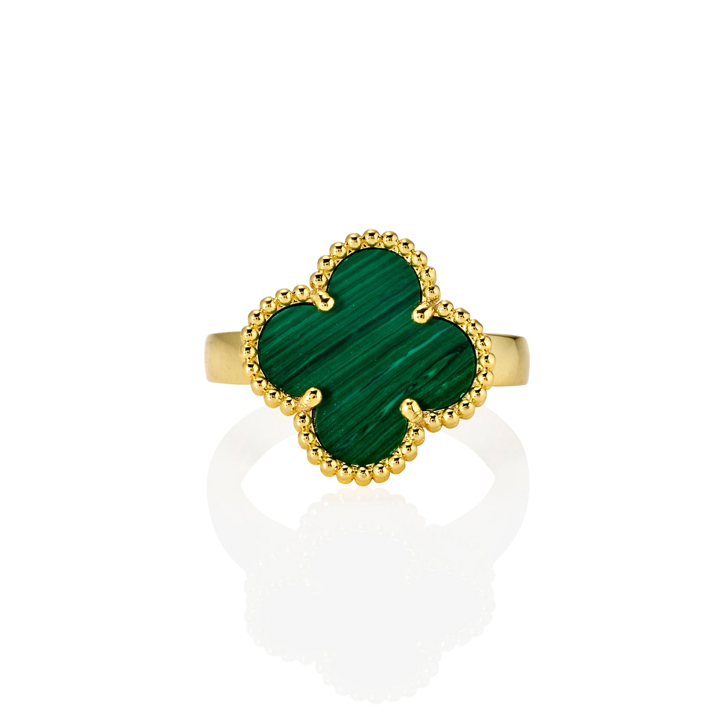Top view of clover ring with malachite-style green inlay and gold beaded edge