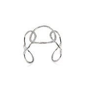 Top-down view of open cuff bracelet with interwoven moissanite-set loops in silver finish