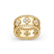 Gold ring with clover designs and diamonds on a transparent background
