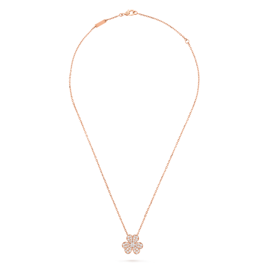 Rose gold necklace with a floral pendant on a white background