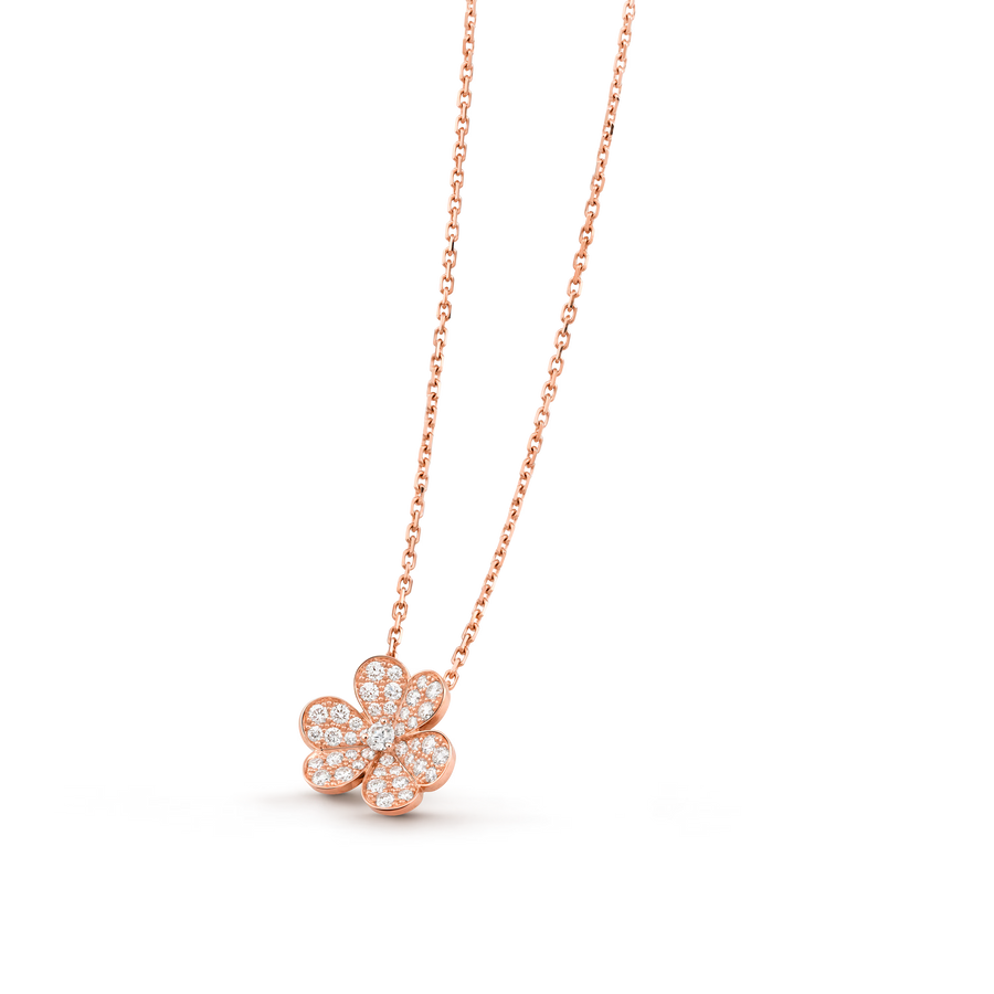 Rose gold necklace with a floral pendant on a transparent background