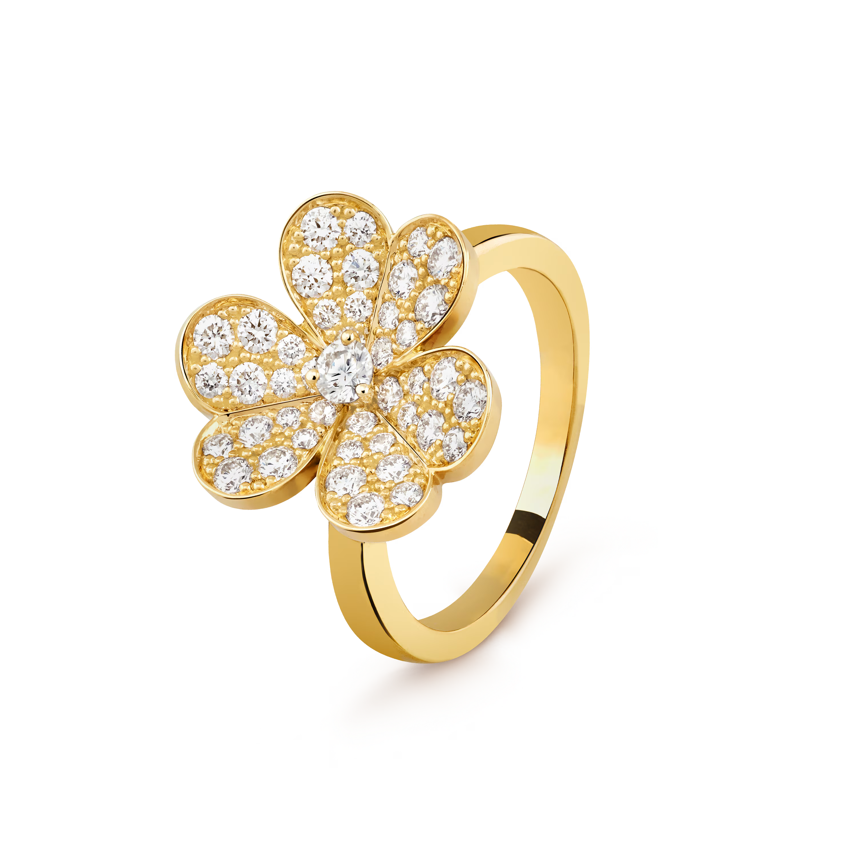 Gold ring with diamond flower design on a transparent background