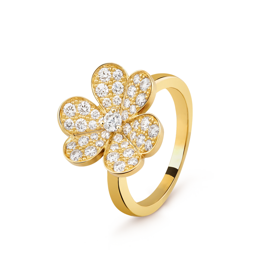 Gold ring with diamond flower design on a transparent background