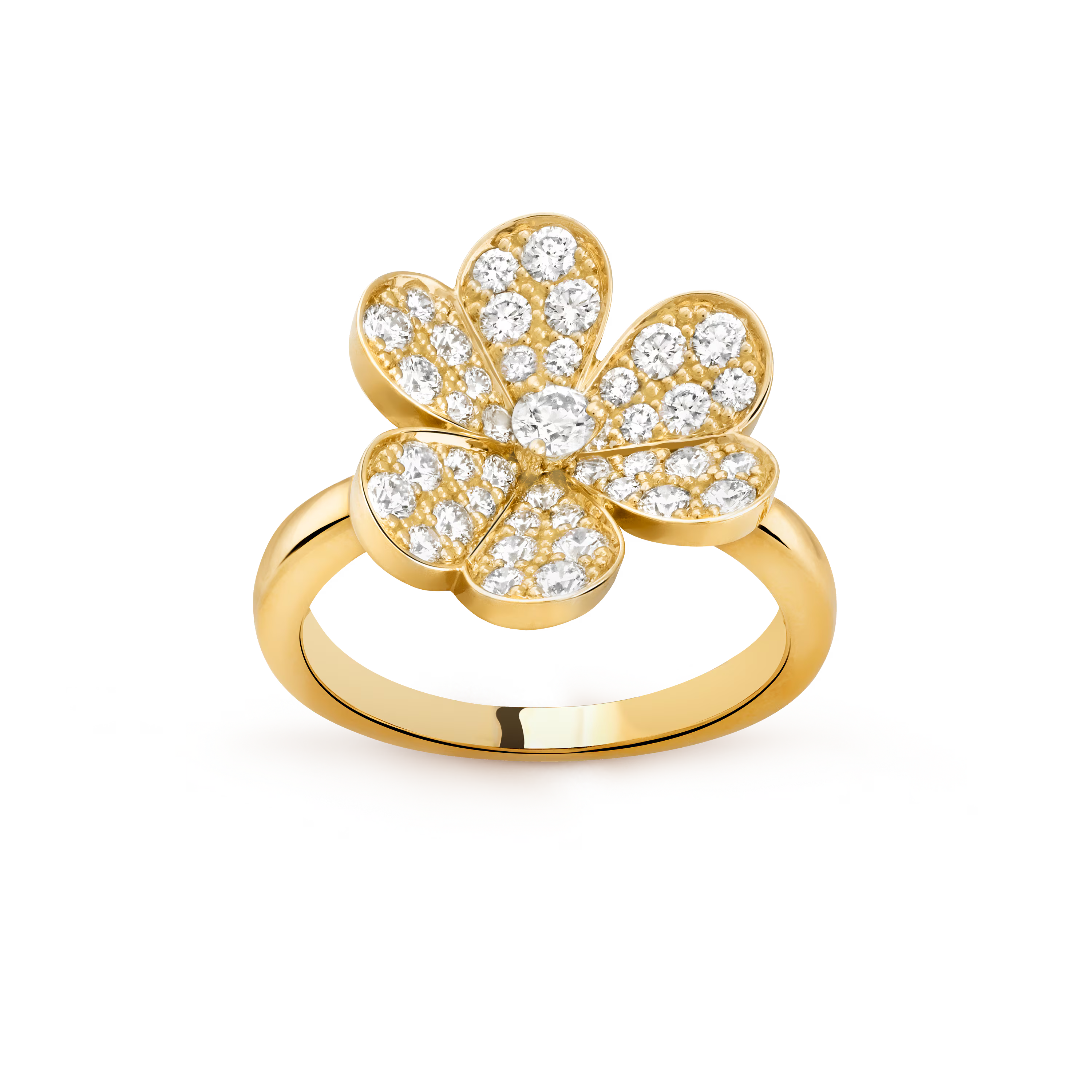 Gold ring with a diamond-encrusted clover design on a transparent background