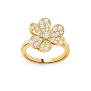 Gold ring with a diamond-encrusted clover design on a transparent background