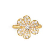 Gold ring with diamond-studded four-leaf clover design on a white background