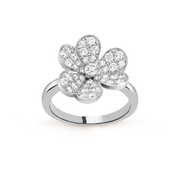 Silver flower-shaped ring with clear stones on a transparent background
