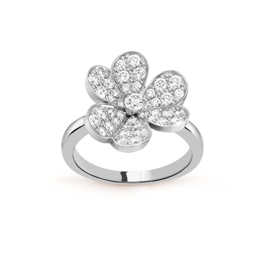 Silver flower-shaped ring with clear stones on a transparent background