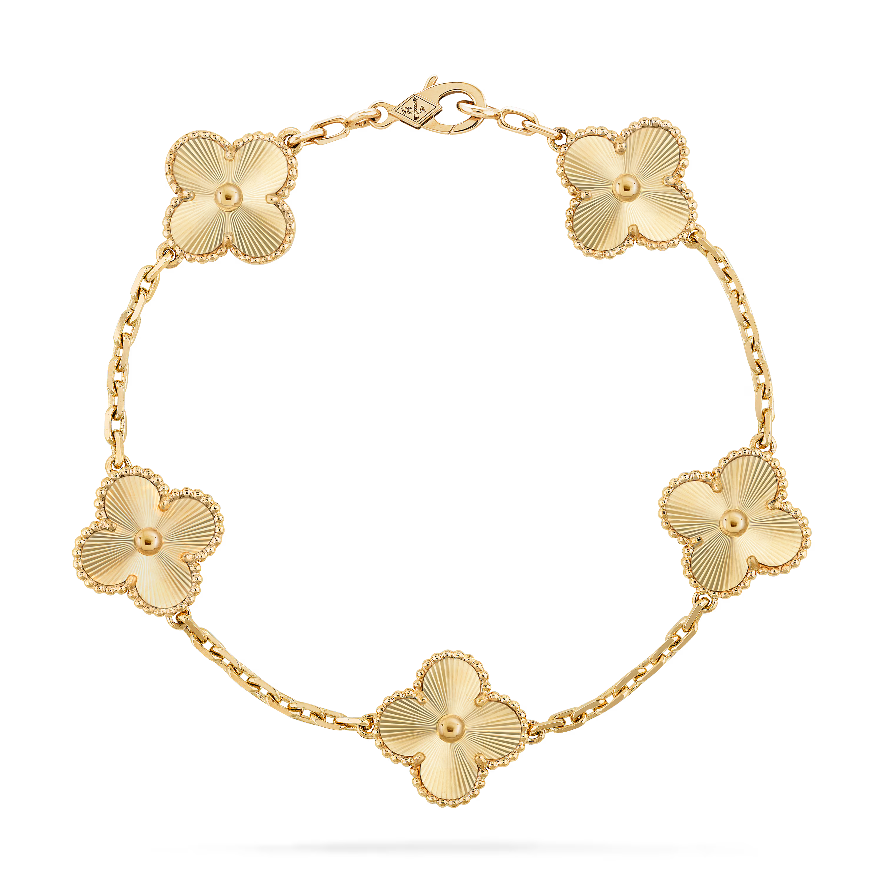Gold bracelet with floral designs on a clear background