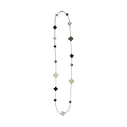 Full length view of Long Clover necklace laid out flat with evenly spaced multi-inlay four-leaf clover charms