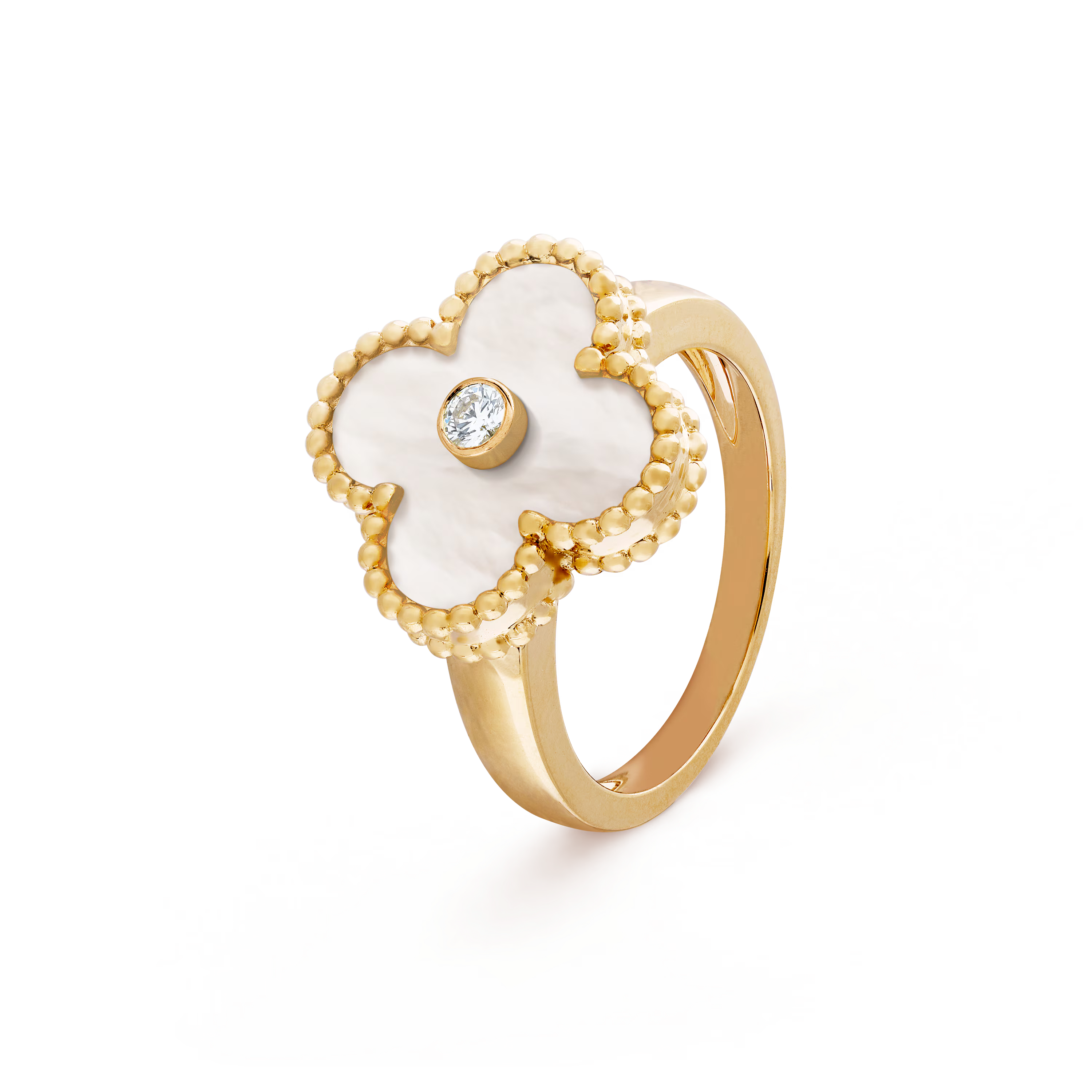 Gold ring with a white flower-shaped design and central gemstone on a transparent background