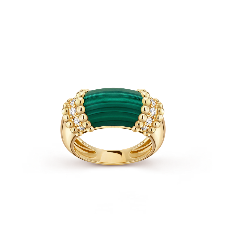 Gold ring with green stone and small diamonds on a transparent background