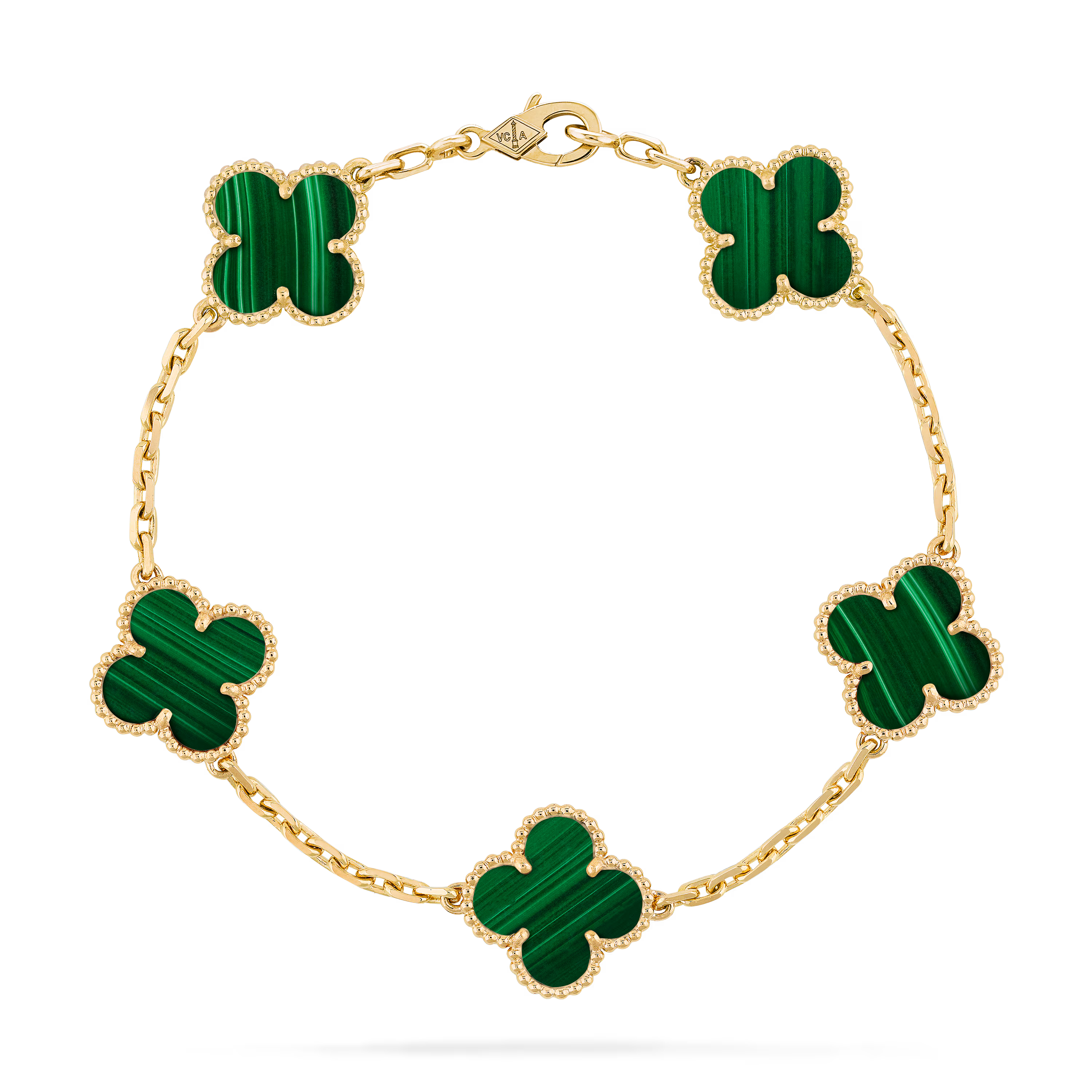 Top-down view of gold clover bracelet featuring five green malachite inlays and beaded trim