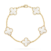 Gold bracelet with white clover-shaped charms on a clear background