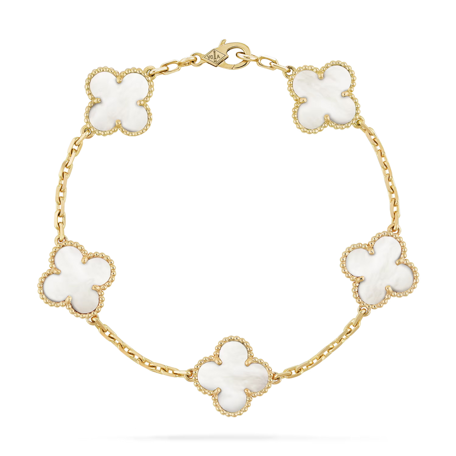 Gold bracelet with white clover-shaped charms on a clear background