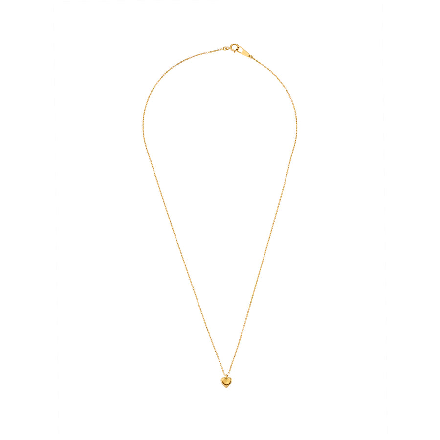 A delicate gold heart pendant necklace laid flat on a white background, featuring a fine chain and petite polished heart charm.