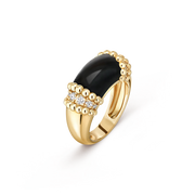 Gold ring with black gemstone and small diamonds on a transparent background
