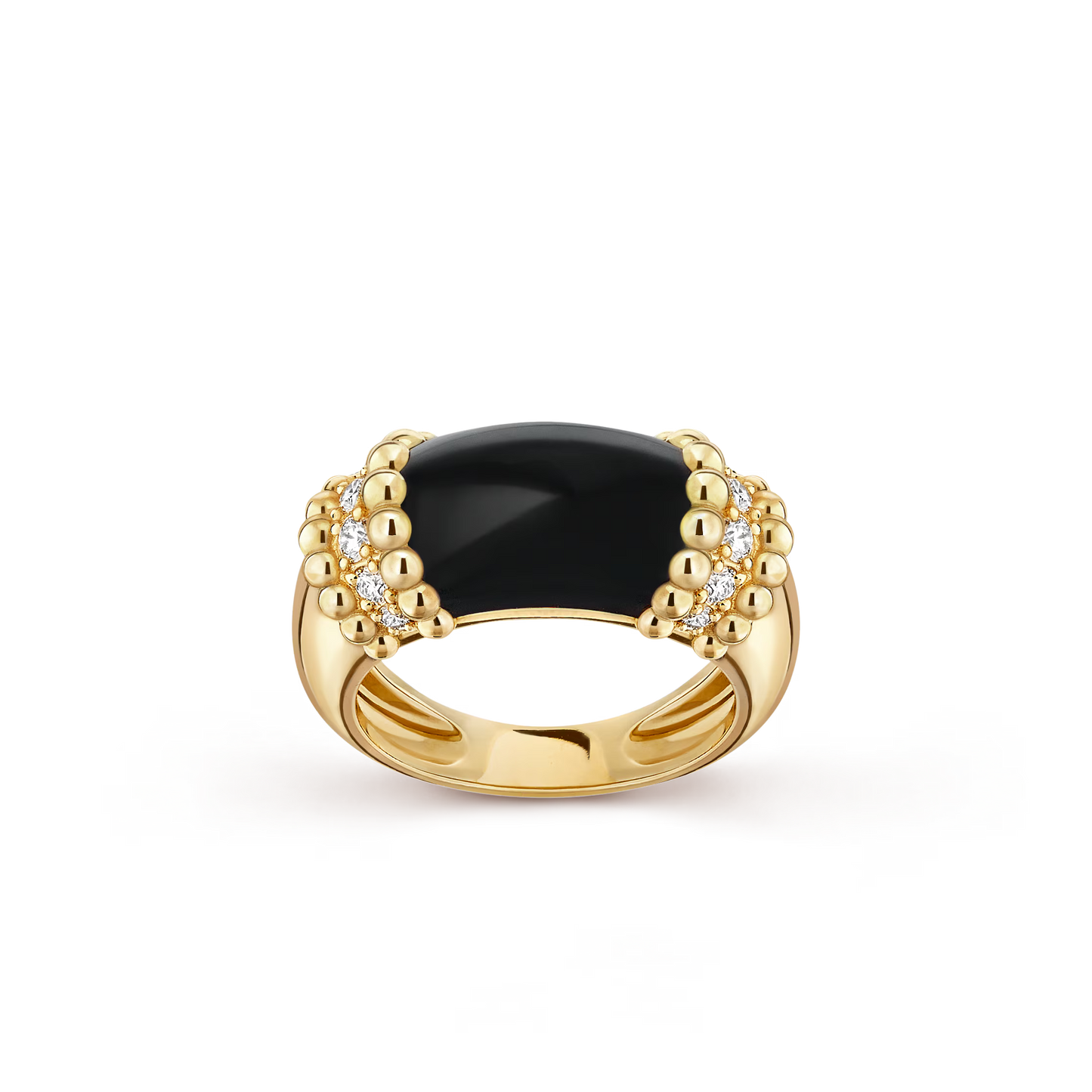 Gold ring with a black gemstone and small diamonds on a transparent background