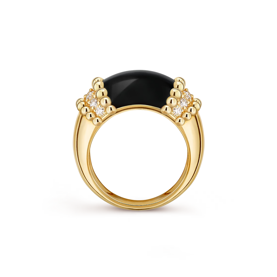 Gold ring with a black gemstone on a transparent background