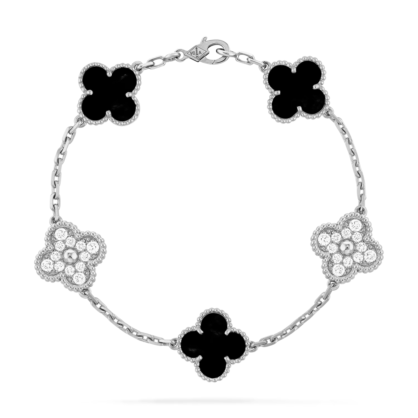 Overhead view of bracelet with alternating moissanite pavé and black onyx clover charms