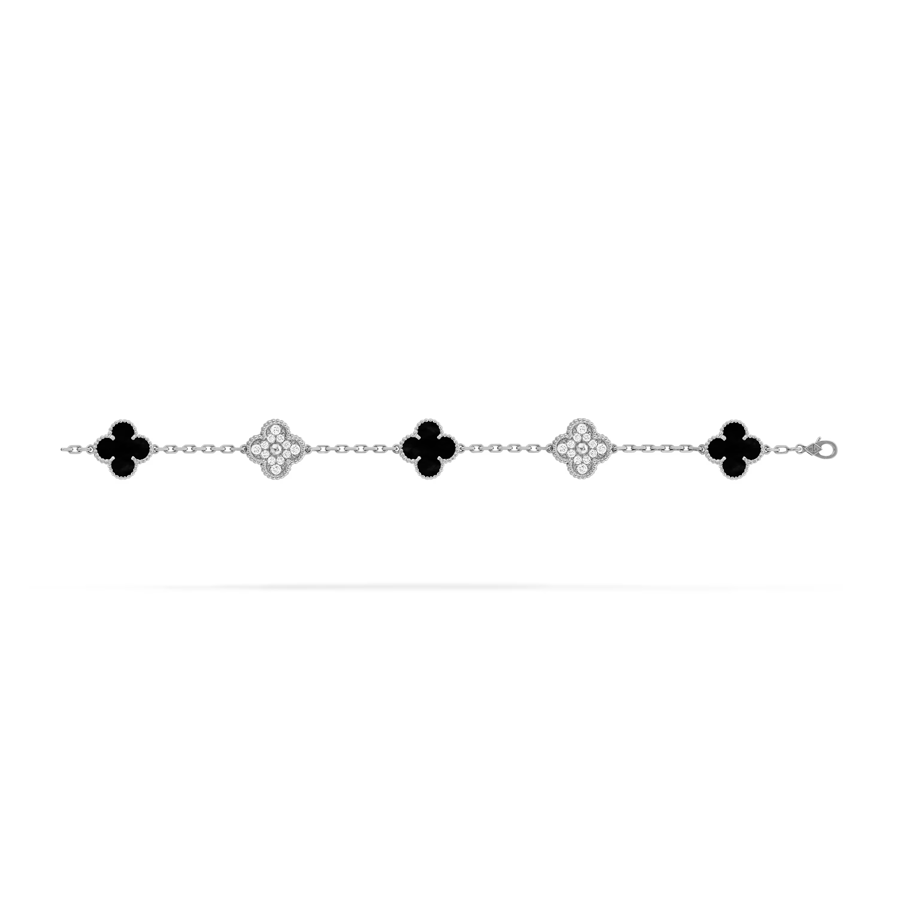 Silver bracelet with clover-shaped charms on a white background