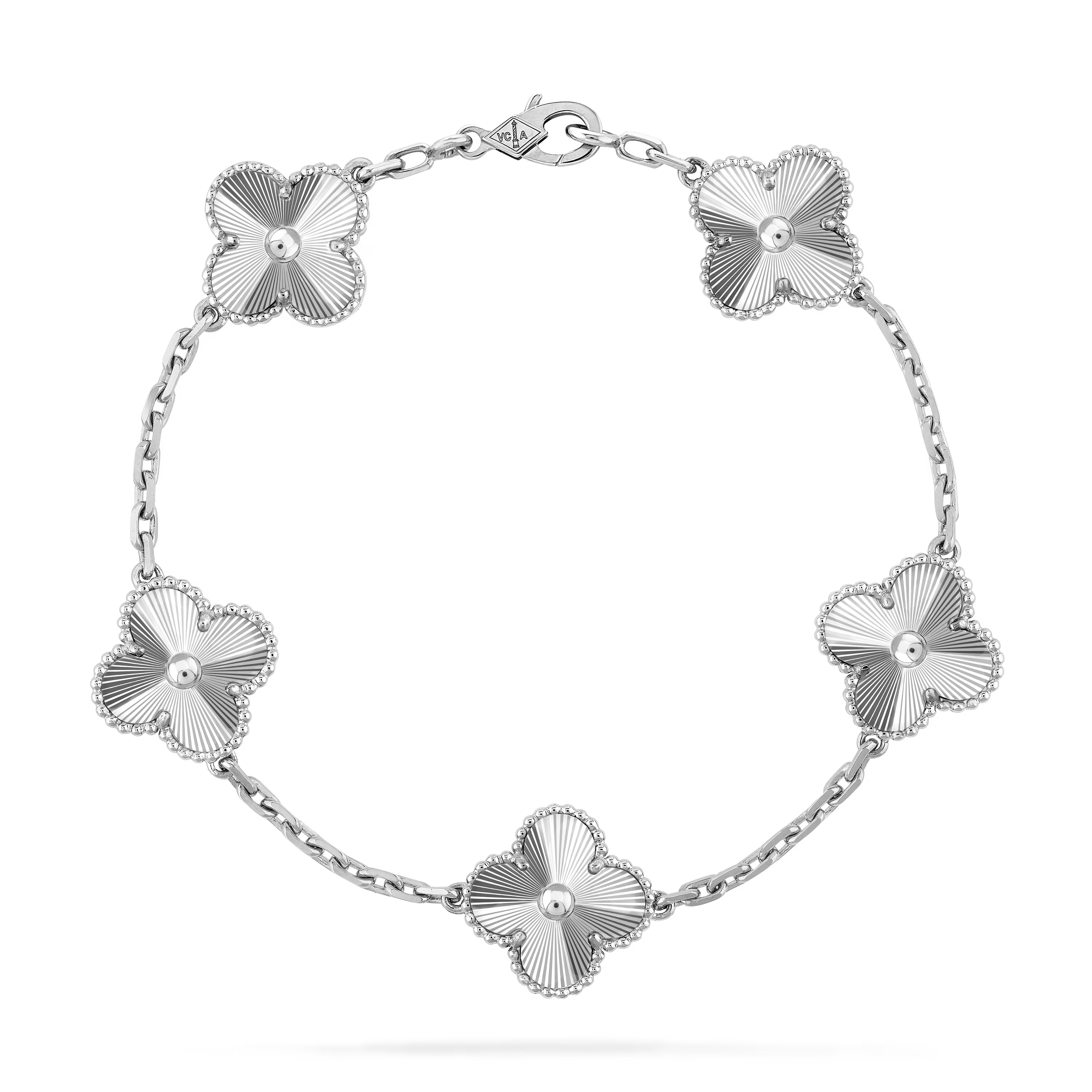 Silver bracelet with floral designs on a white background