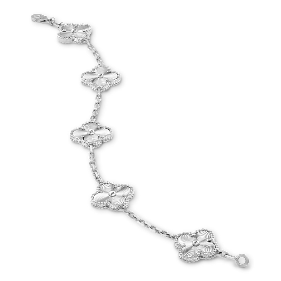 Silver floral bracelet on a white background