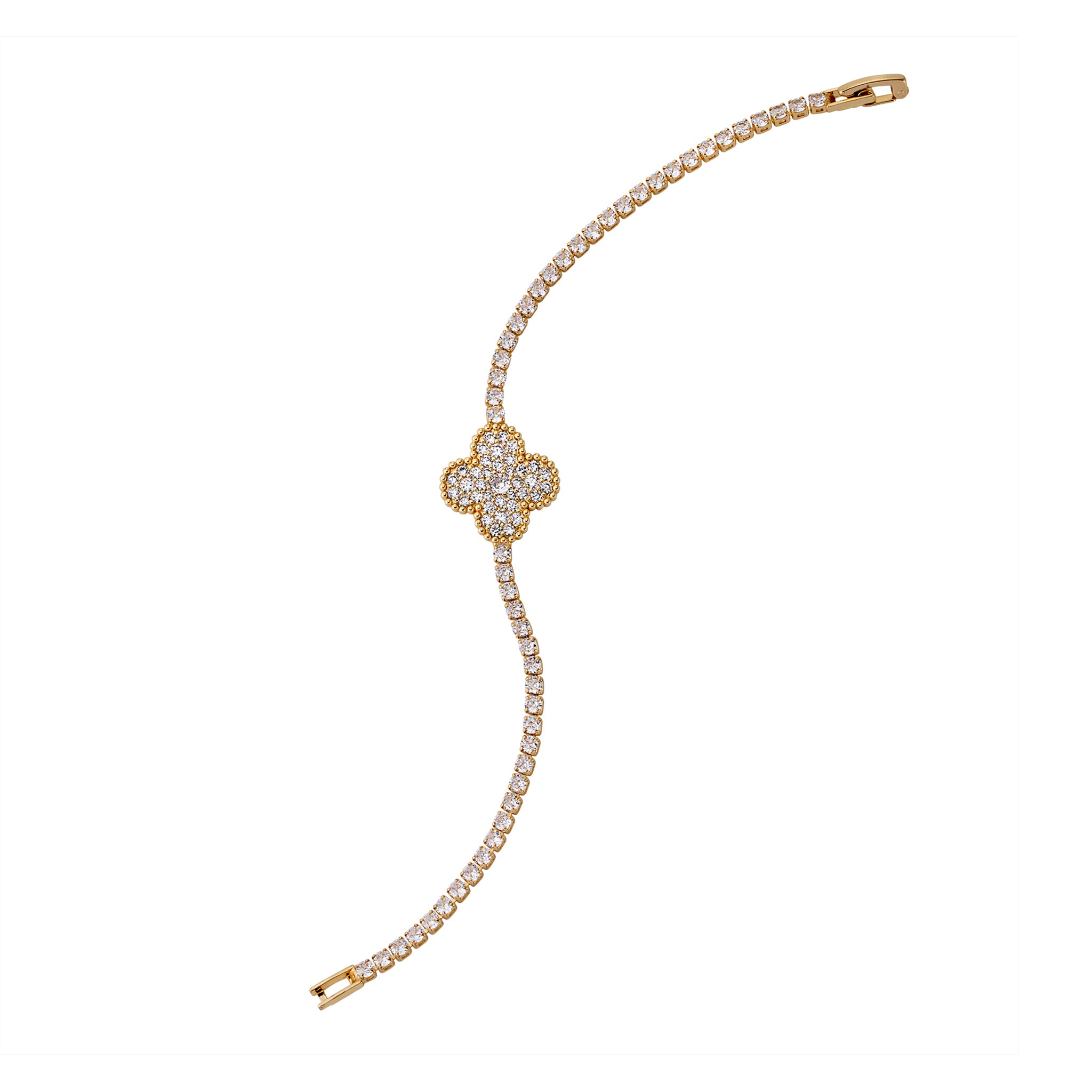 Open view of bracelet showing detailed moissanite setting and gold finish