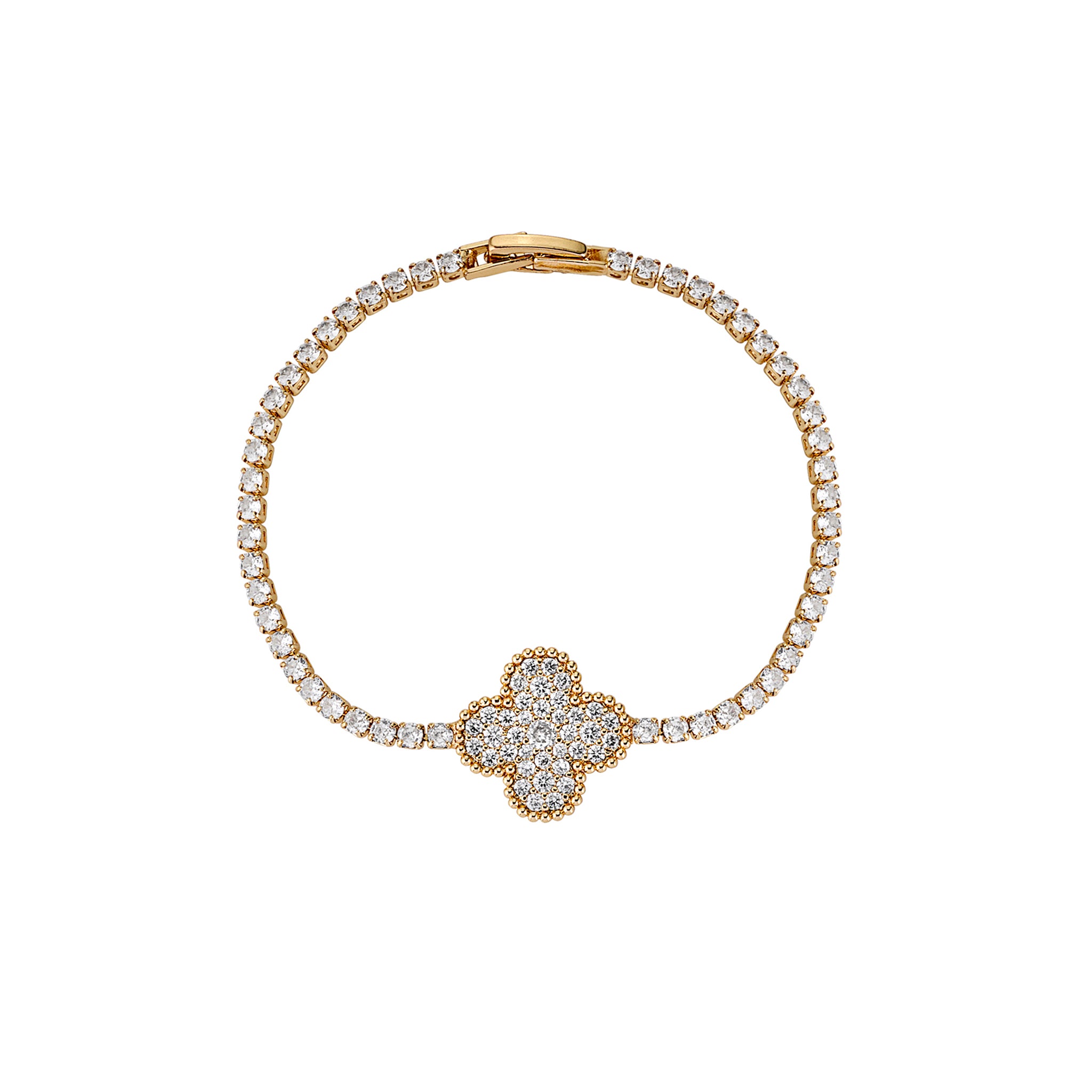 Front view of Riviera Bracelet featuring pavé-set moissanite clover and tennis strand