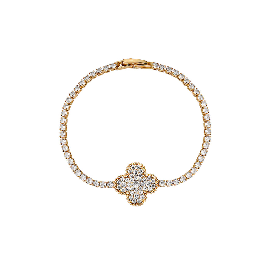 Front view of Riviera Bracelet featuring pavé-set moissanite clover and tennis strand