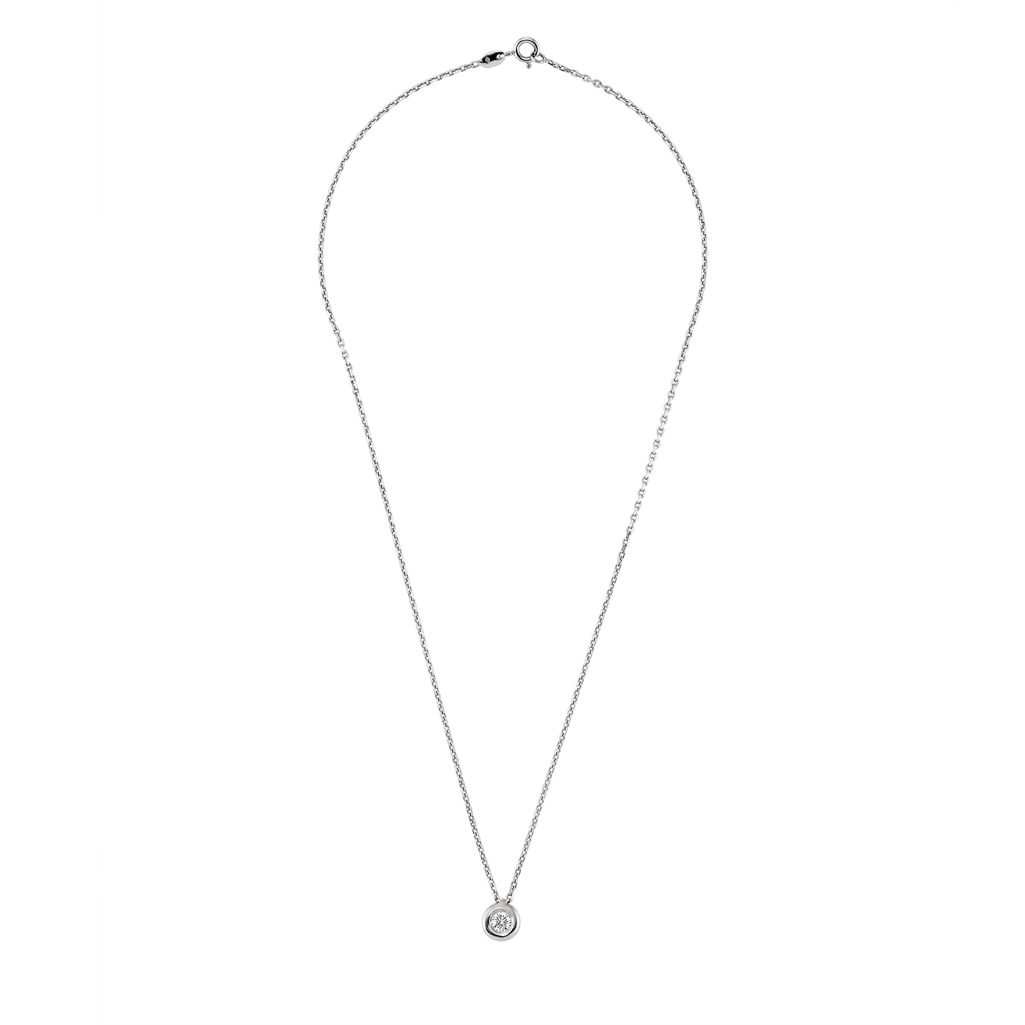 Full product shot of Solitaire moissanite pendant with fine chain in white gold finish