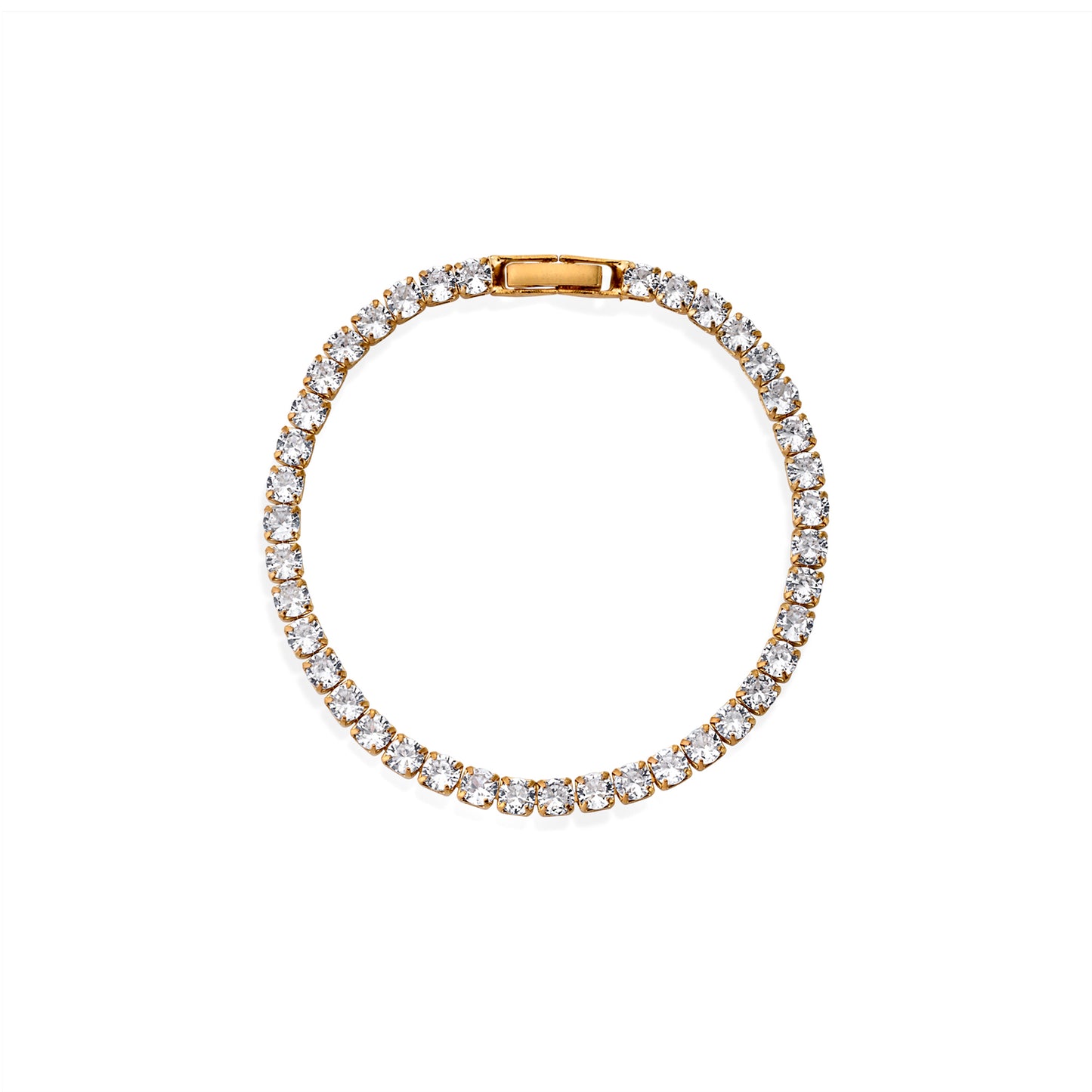 Top-down view of tennis bracelet with gold setting and continuous round moissanite stones
