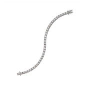 Curved overhead view of moissanite tennis bracelet showing fluid design and stone brilliance
