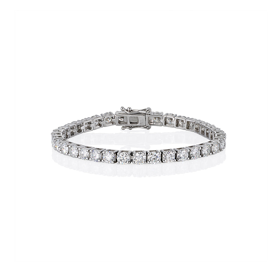Front view of silver tennis bracelet featuring claw-set moissanite stones with secure clasp